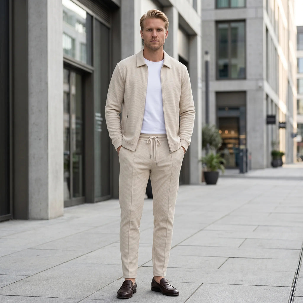 Colvern - Textured Zip Jacket And Straight Leg Trouser Set