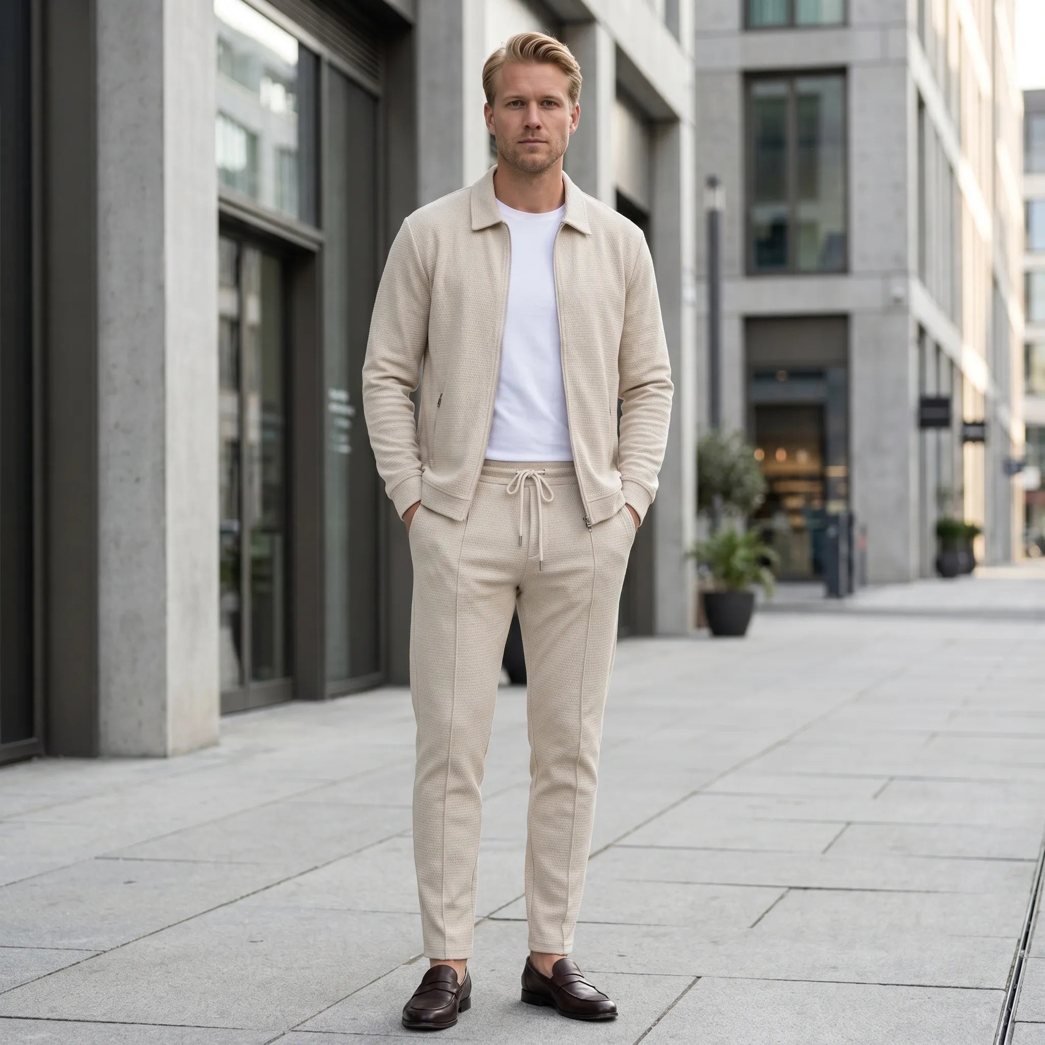 Colvern - Textured Zip Jacket And Straight Leg Trouser Set