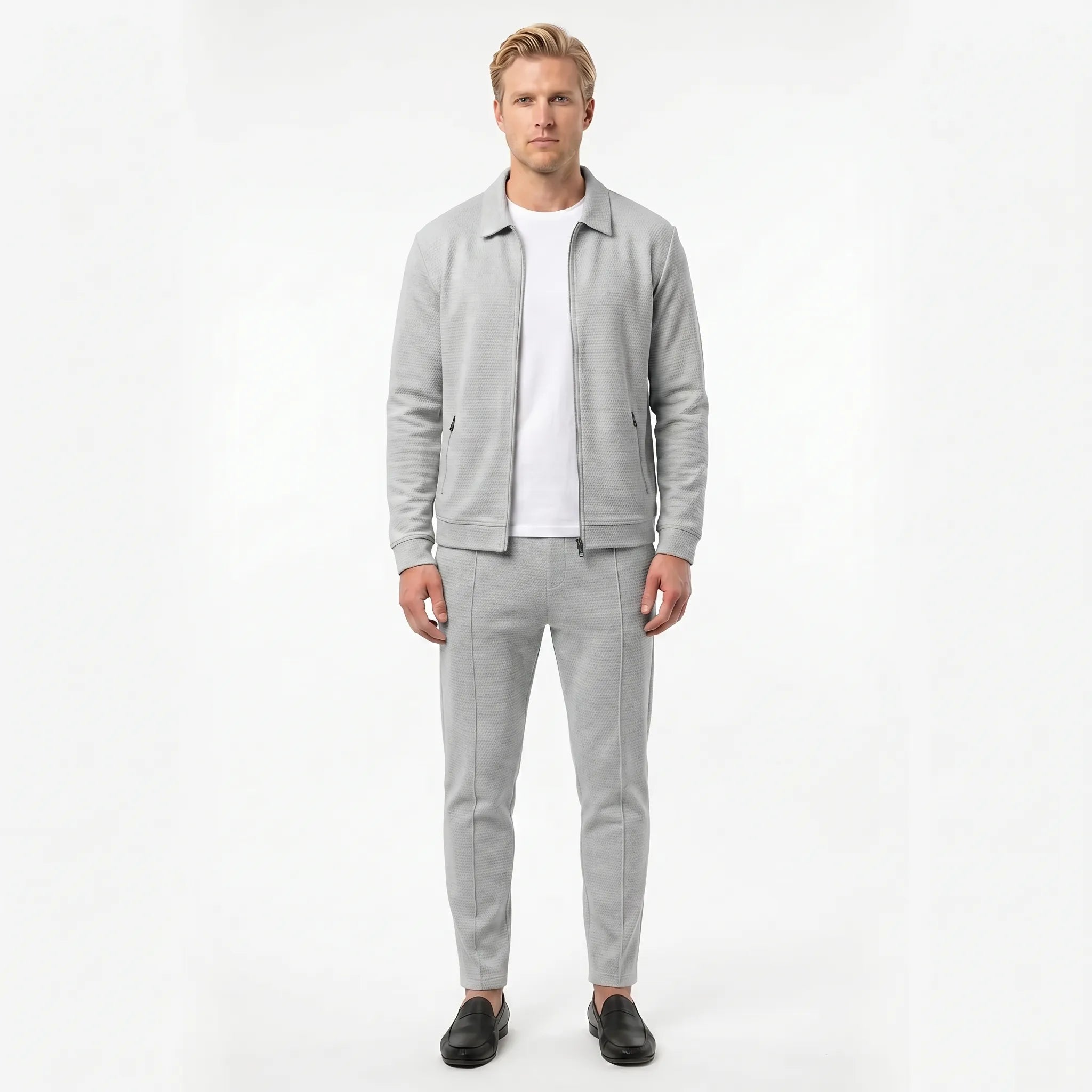 Colvern - Textured Zip Jacket And Straight Leg Trouser Set