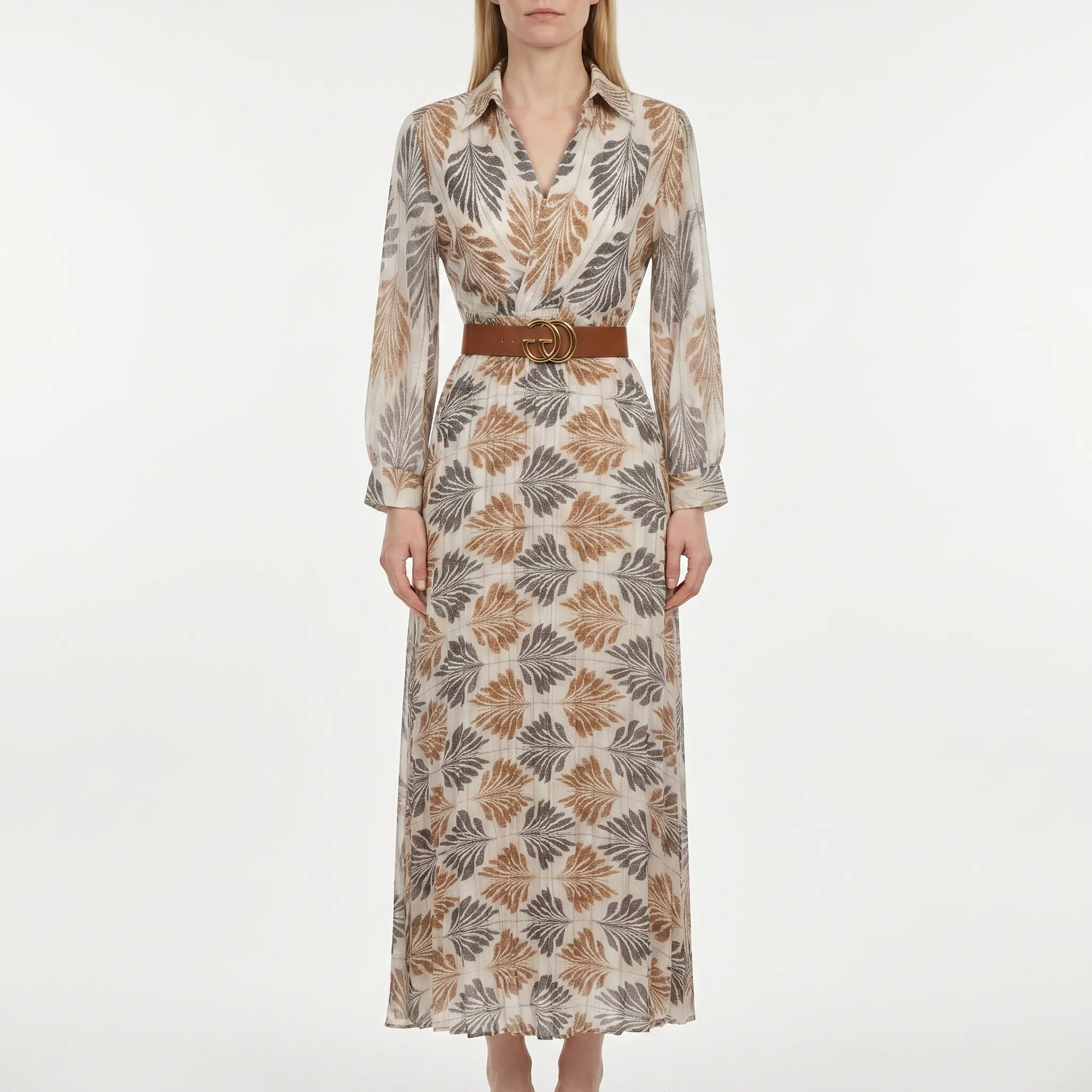 Fernelle - Long-Sleeve Tropical Leaf Print Maxi Dress