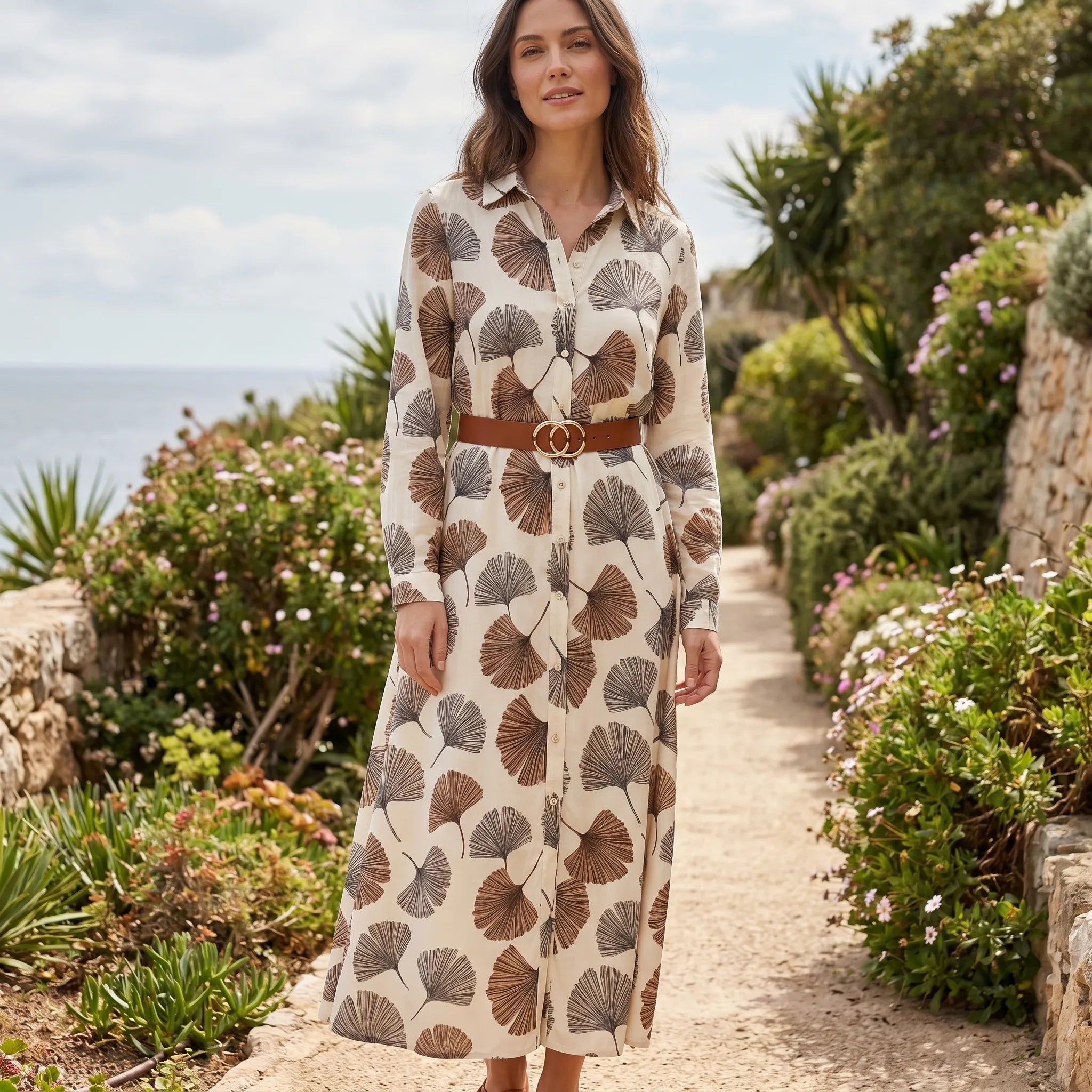 Fernelle - Long-Sleeve Tropical Leaf Print Maxi Dress