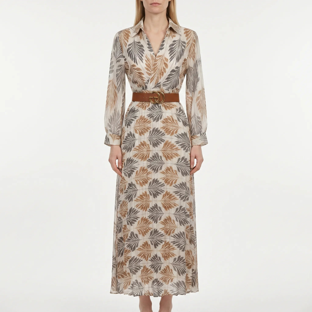 Fernelle - Long-Sleeve Tropical Leaf Print Maxi Dress