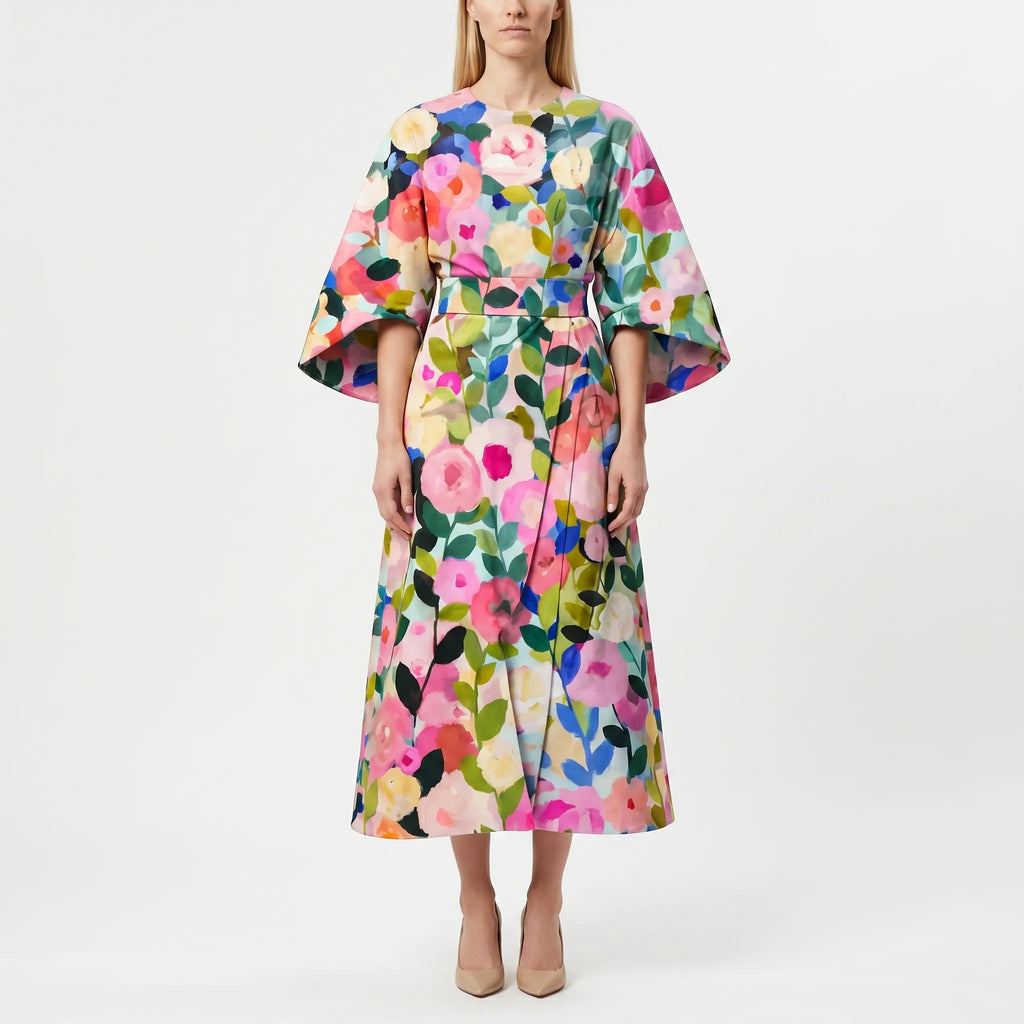 Floravia - Midi-Length Floral Cape-Sleeve Dress