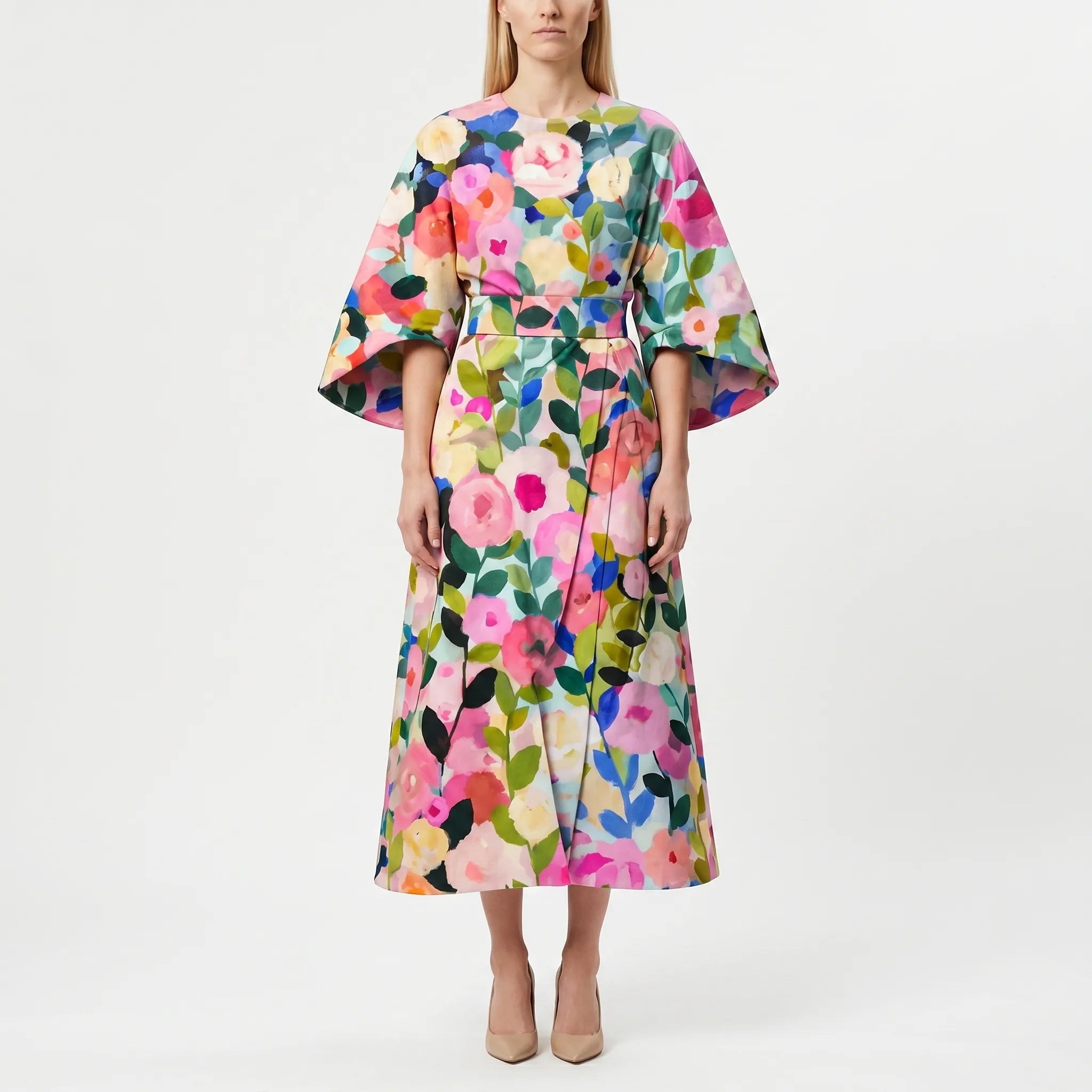 Floravia - Midi-Length Floral Cape-Sleeve Dress