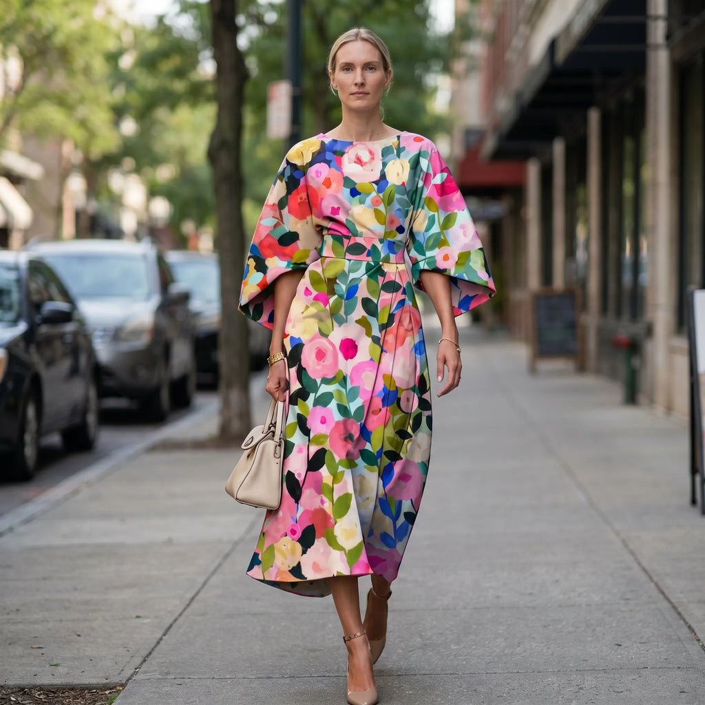 Floravia - Midi-Length Floral Cape-Sleeve Dress