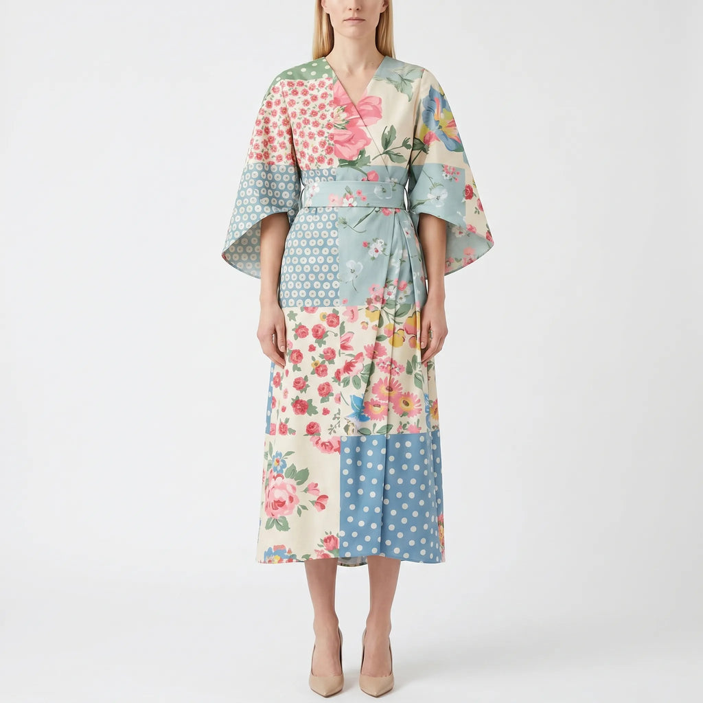 Floravia - Midi-Length Floral Cape-Sleeve Dress
