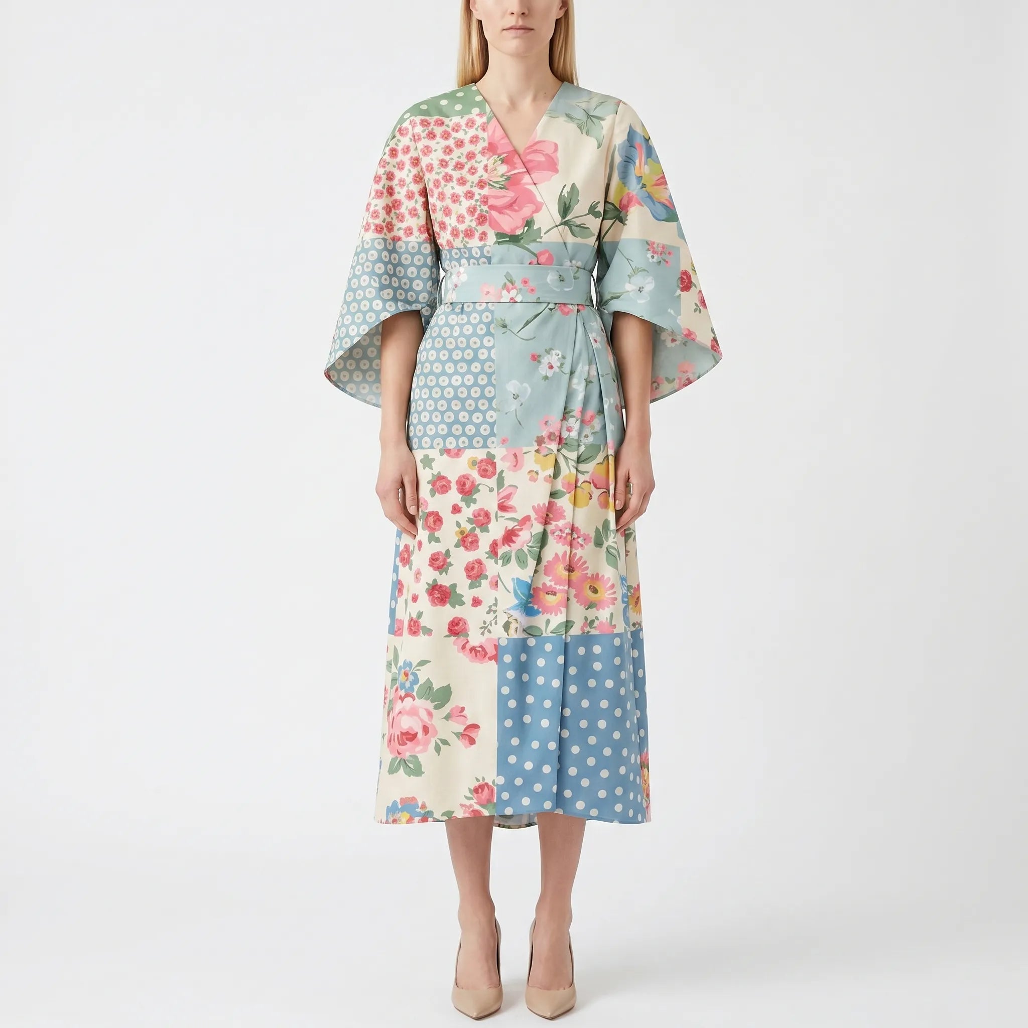 Floravia - Midi-Length Floral Cape-Sleeve Dress