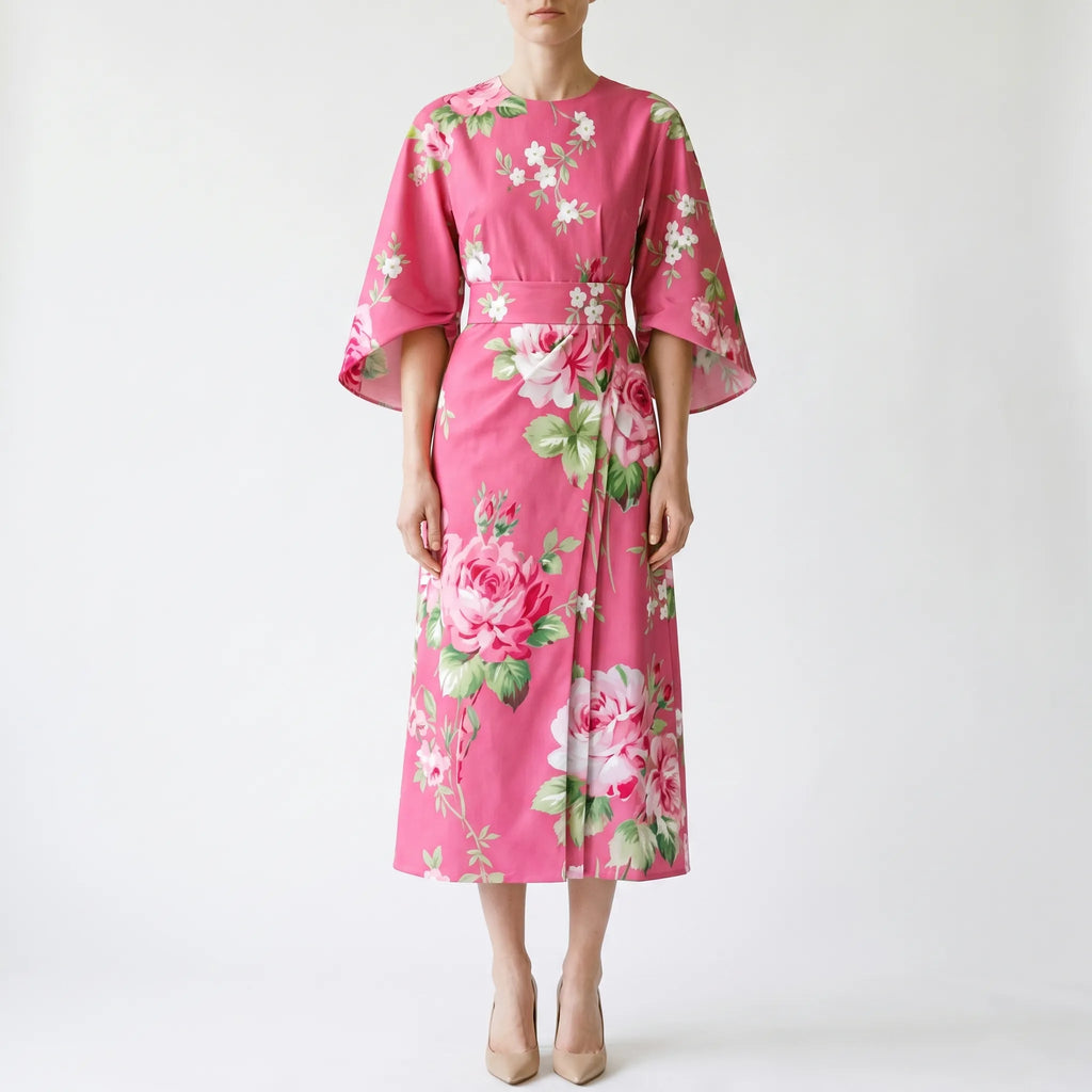 Floravia - Midi-Length Floral Cape-Sleeve Dress