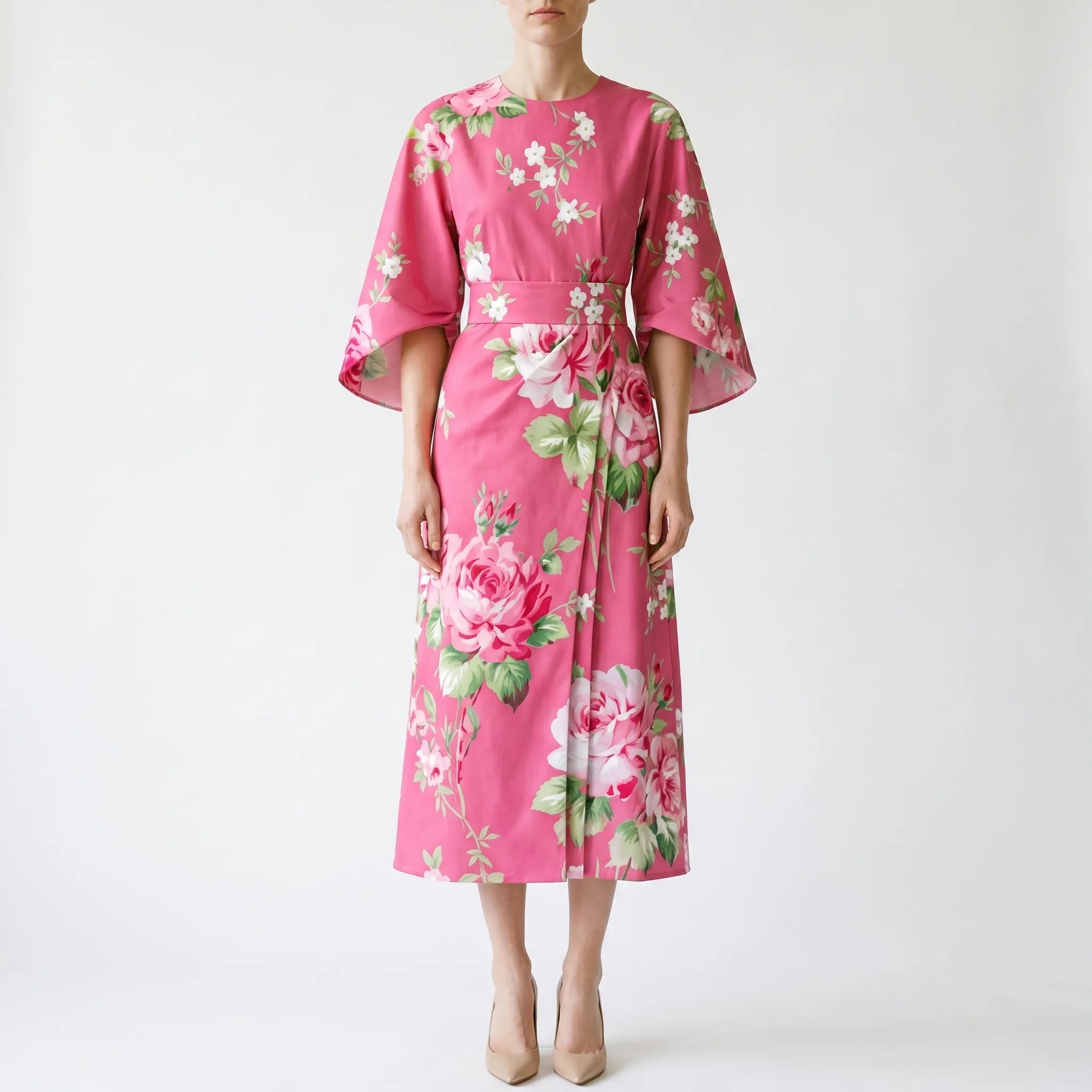 Floravia - Midi-Length Floral Cape-Sleeve Dress