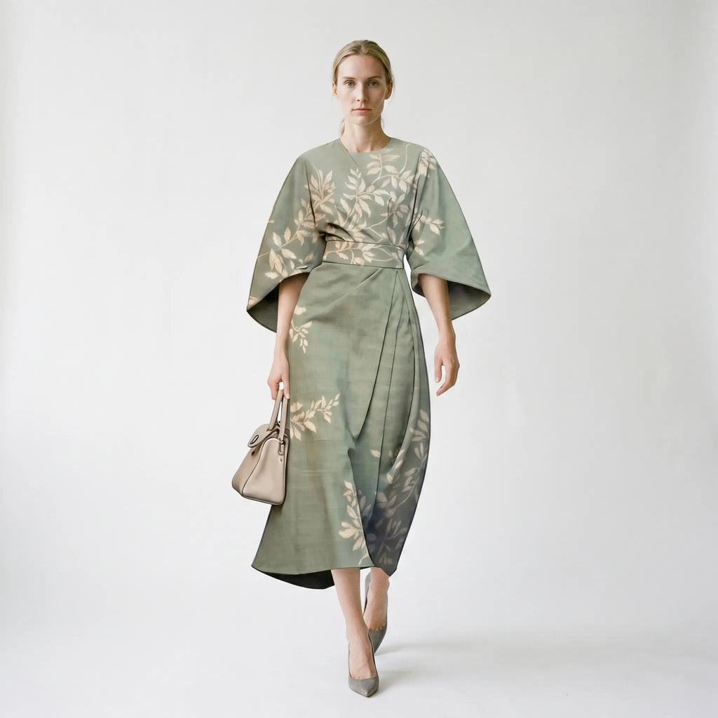 Floravia - Midi-Length Floral Cape-Sleeve Dress