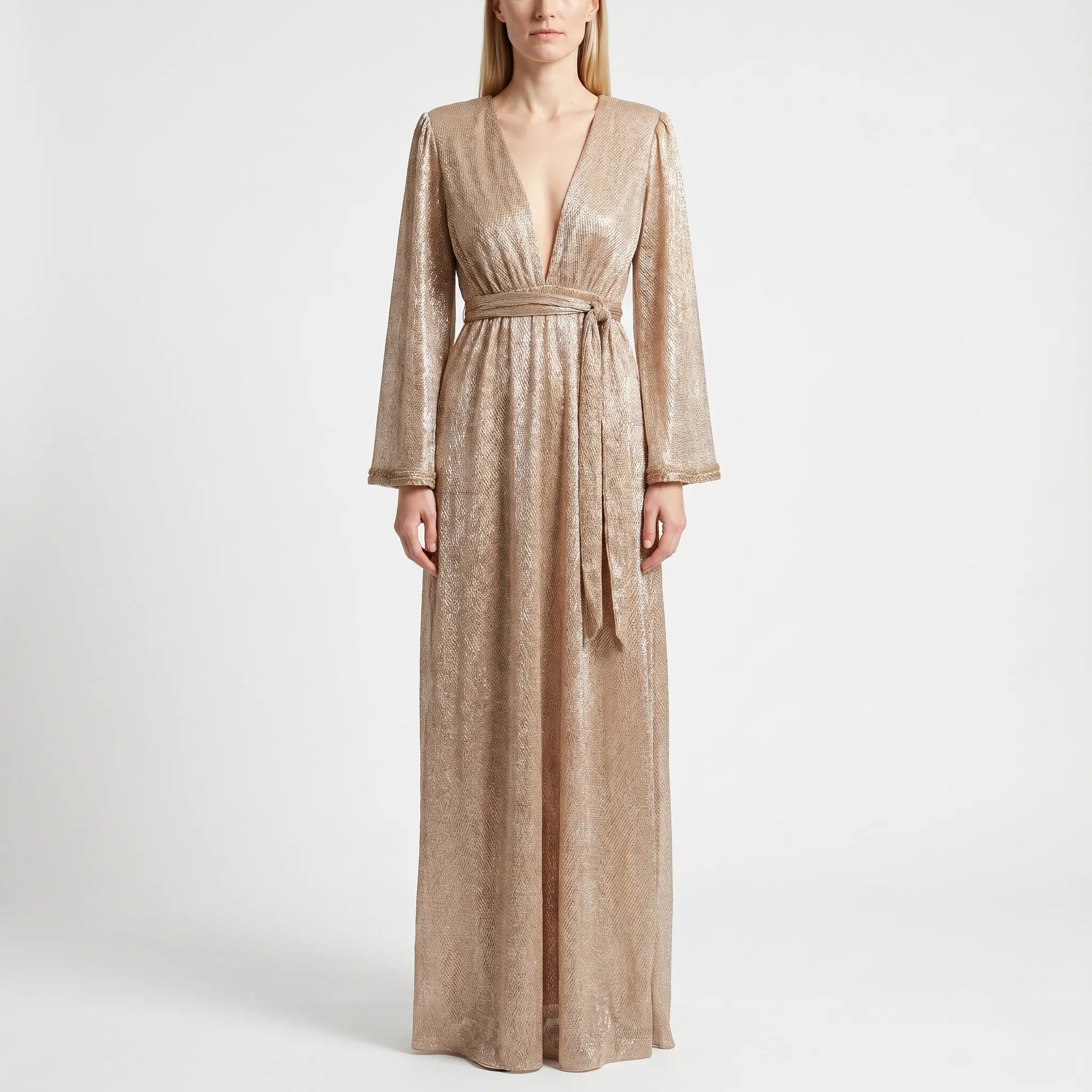 Lumivelle - Shimmer Gold Long-Sleeved Maxi Dress