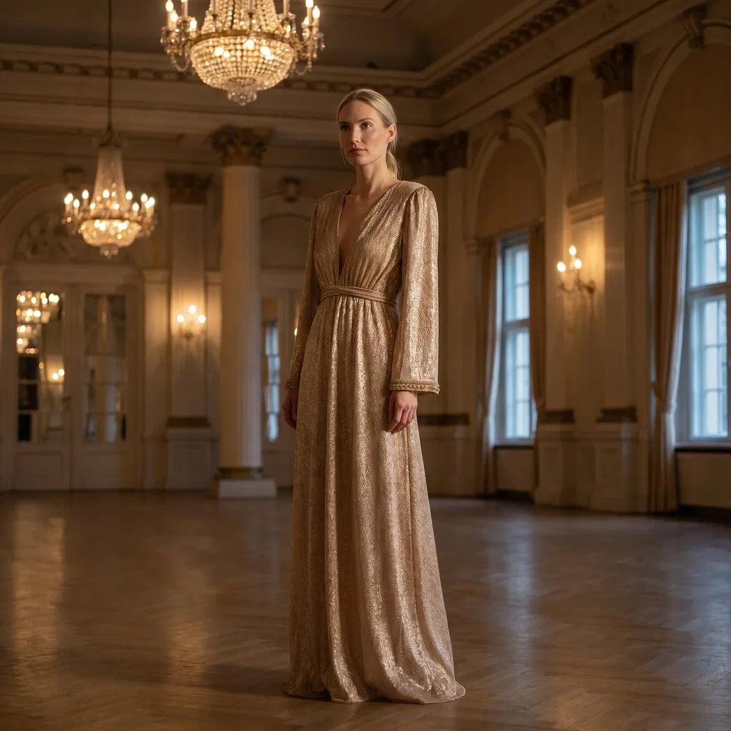 Lumivelle - Shimmer Gold Long-Sleeved Maxi Dress